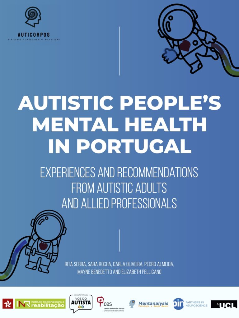 Capa do e-book "Autistic People's Mental Health in Portugal". Fundo azul e título ao meio a branco. Em cima à esquerda o logotipo do Auticorpos e à direita em cima e à esuqerda em baixo a ilustração de um astronauta. na barra inferior estão os vários logos: INR, I.P., APVA, CES, Mentanalysis, PIN e UCL.