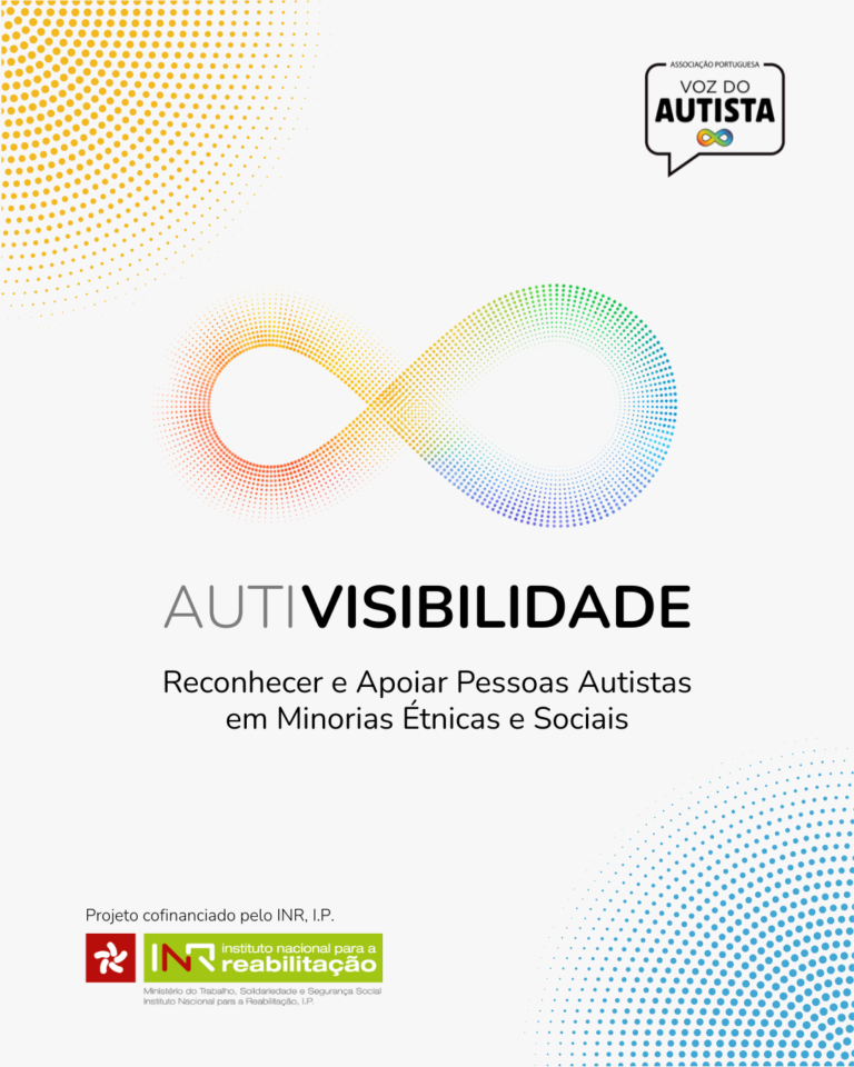 No centro da imagem, está o logotipo do projeto AutiVisibilidade: ilustração do símbolo do infinito formado por uma rede de pontos que parecem mais indefinidos do lado esquerdo e mais definidos do lado direito, com as cores vermelho, amarelo, verde e azul. Por baixo está a preto o texto “AutiVisibilidade”, com a parte Auti mais apagada. Por baixo deste texto está a descrição “Reconhecer e Apoiar Pessoas Autistas em Minorias Étnicas e Sociais”. No canto superior direito, está o logotipo da Associação Portuguesa Voz do Autista e no canto inferior esquerdo o logotipo do Instituto Nacional para a Reabilitação, com a frase “projeto cofinanciado pelo INR, I.P.” por acima. O fundo é um cinzento quase branco e nos cantos superior esquerdo e inferior direito está uma decoração de pontos, a amarelo em cima e a azul em baixo.