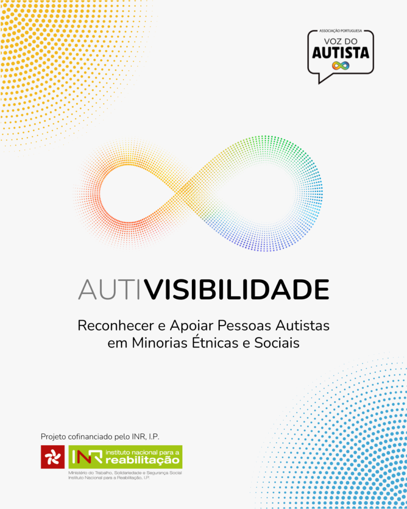 No centro da imagem, está o logotipo do projeto AutiVisibilidade: ilustração do símbolo do infinito formado por uma rede de pontos que parecem mais indefinidos do lado esquerdo e mais definidos do lado direito, com as cores vermelho, amarelo, verde e azul. Por baixo está a preto o texto “AutiVisibilidade”, com a parte Auti mais apagada. Por baixo deste texto está a descrição “Reconhecer e Apoiar Pessoas Autistas em Minorias Étnicas e Sociais”. No canto superior direito, está o logotipo da Associação Portuguesa Voz do Autista e no canto inferior esquerdo o logotipo do Instituto Nacional para a Reabilitação, com a frase “projeto cofinanciado pelo INR, I.P.” por acima. O fundo é um cinzento quase branco e nos cantos superior esquerdo e inferior direito está uma decoração de pontos, a amarelo em cima e a azul em baixo.