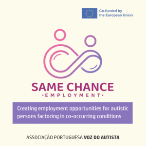 Logótipo com um símbolo abstrato do infinito com dois pontos que representam pessoas. O texto abaixo diz "MESMAS CHANCES DE EMPREGO". Um banner diz "Criar oportunidades de emprego para pessoas autistas, considerando condições concomitantes". A bandeira da União Europeia e a nota de cofinanciamento estão incluídas. A Associação Portuguesa Voz do Autista está indicada na parte inferior.