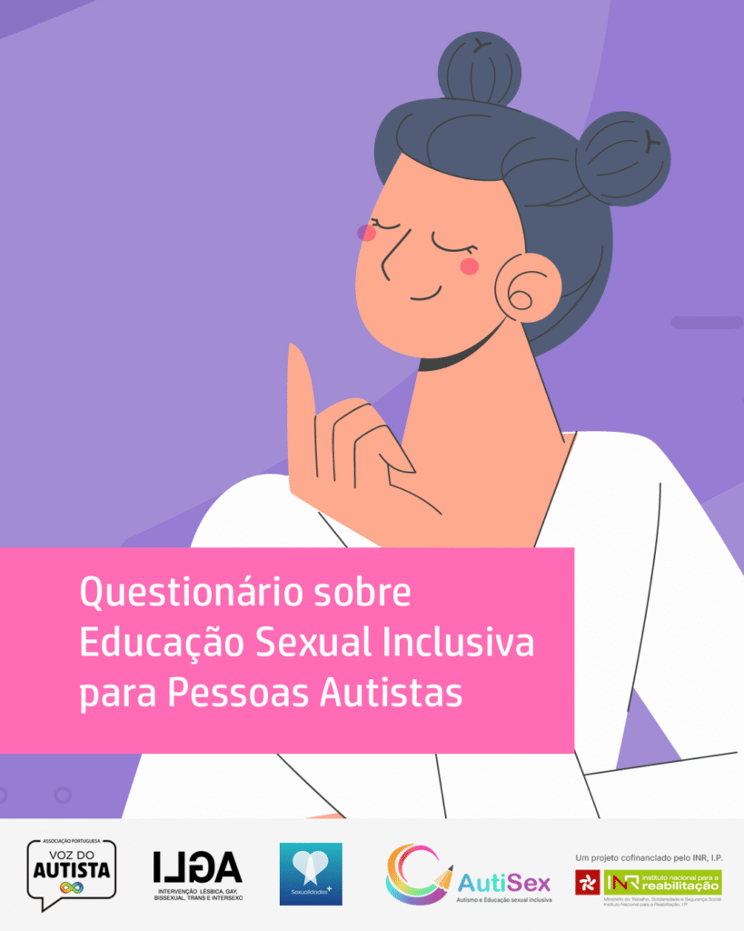 Ilustração de uma pessoa com cabelo escuro apanhado em dois rolos, que sorri de olhos fechados com uma expressão tranquila, sobre fundo roxo. Em destaque, uma faixa rosa com o texto: “Questionário sobre Educação Sexual Inclusiva para Pessoas Autistas”. Na parte inferior da imagem estão, da esquerda para a direita, os logótipos da Voz do Autista, ILGA, Sexualidades, AutiSex e INR, I.P., com indicação de que o projeto é cofinanciado por esta última entidade.