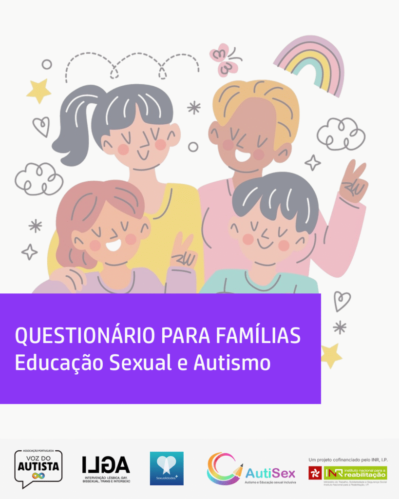 Ilustração colorida em estilo minimalista de quatro pessoas a sorrir, representando uma família diversa, com gestos de paz e alegria. À volta surgem ícones como arco-íris, nuvens, estrelas e corações. Em destaque, uma faixa roxa com o texto: “Questionário para Famílias — Educação Sexual e Autismo”. Na parte inferior da imagem estão, da esquerda para a direita, os logótipos da Voz do Autista, ILGA, Sexualidades, AutiSex e INR, I.P., com indicação de que o projeto é cofinanciado por esta última entidade.