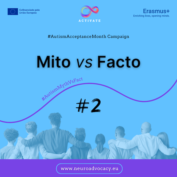 Fundo azul claro com a frase "Mitos vs. Factos #2” para a Campanha do Mês da Aceitação do Autismo. Em cima estão os logótipos do Governo de Malta, do ACTIVATE e de FONDI.eu. Na parte inferior, um grupo de pessoas de pé, abraçadas.