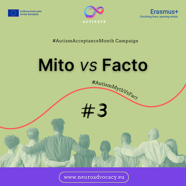 Fundo verde com a frase "Mitos vs. Factos #3” para a Campanha do Mês da Aceitação do Autismo. Em cima estão os logótipos do Governo de Malta, do ACTIVATE e de FONDI.eu. Na parte inferior, um grupo de pessoas de pé, abraçadas.