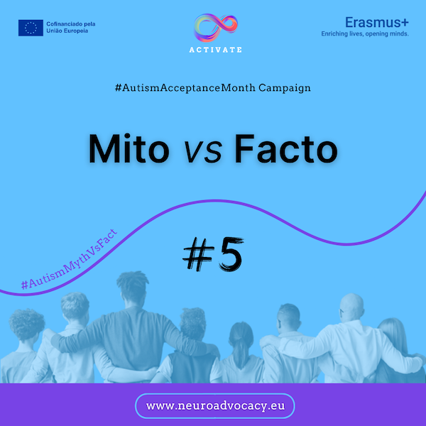 Fundo azul claro com a frase "Mitos vs. Factos #5” para a Campanha do Mês da Aceitação do Autismo. Em cima estão os logótipos do Governo de Malta, do ACTIVATE e de FONDI.eu. Na parte inferior, um grupo de pessoas de pé, abraçadas.