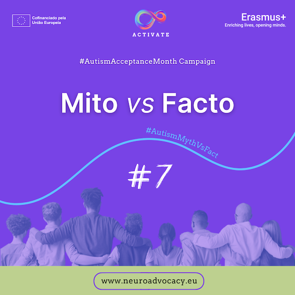 Fundo roxo com a frase "Mitos vs. Factos #7" para a Campanha do Mês da Aceitação do Autismo. Em cima estão os logótipos do Governo de Malta, do ACTIVATE e de FONDI.eu. Na parte inferior, um grupo de pessoas de pé, abraçadas.