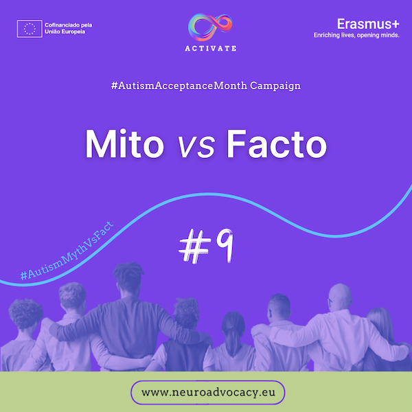 Fundo roxo com a frase "Mitos vs. Factos #9" para a Campanha do Mês da Aceitação do Autismo. Em cima estão os logótipos do Governo de Malta, do ACTIVATE e de FONDI.eu. Na parte inferior, um grupo de pessoas de pé, abraçadas.