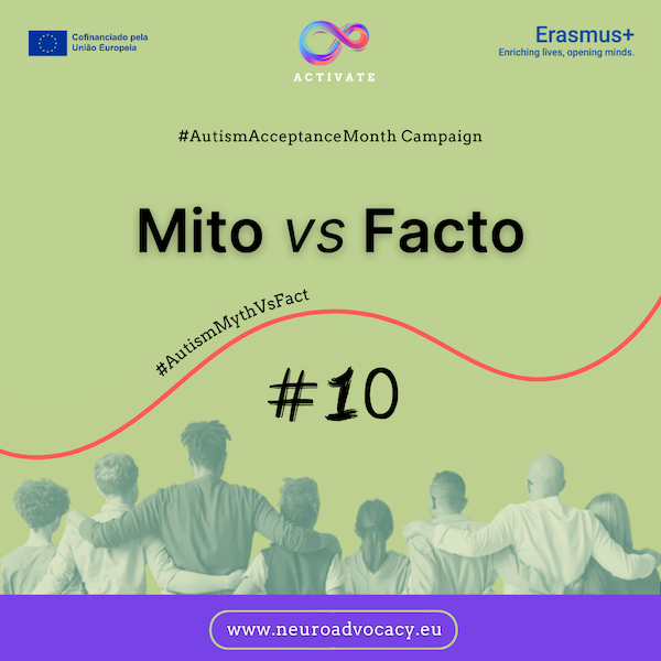 Fundo verde com a frase "Mitos vs. Factos #10” para a Campanha do Mês da Aceitação do Autismo. Em cima estão os logótipos do Governo de Malta, do ACTIVATE e de FONDI.eu. Na parte inferior, um grupo de pessoas de pé, abraçadas.