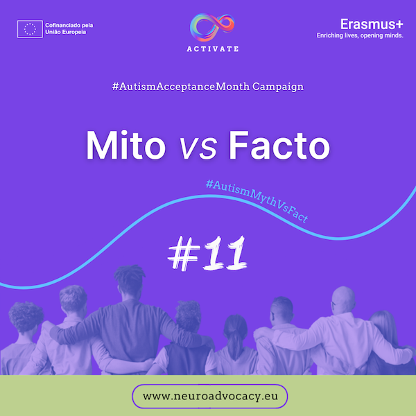 Fundo roxo com a frase "Mitos vs. Factos #11" para a Campanha do Mês da Aceitação do Autismo. Em cima estão os logótipos do Governo de Malta, do ACTIVATE e de FONDI.eu. Na parte inferior, um grupo de pessoas de pé, abraçadas.