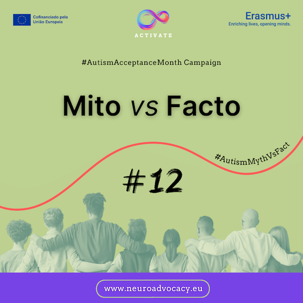 Fundo verde com a frase "Mitos vs. Factos #12” para a Campanha do Mês da Aceitação do Autismo. Em cima estão os logótipos do Governo de Malta, do ACTIVATE e de FONDI.eu. Na parte inferior, um grupo de pessoas de pé, abraçadas.