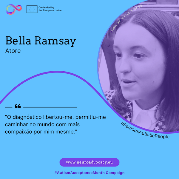 Fundo azul-claro com uma foto a preto e branco de Bella Ramsay, de cabelo comprido, sorridente e provavelmente a falar com alguém. O texto diz: "O diagnóstico libertou-me, permitiu-me caminhar pelo mundo com mais compaixão por mim mesme." Integrado na campanha #FamousAutisticPeople e #AutismAcceptanceMonth do projeto ACTIVATE, cofinanciado pela União Europeia.