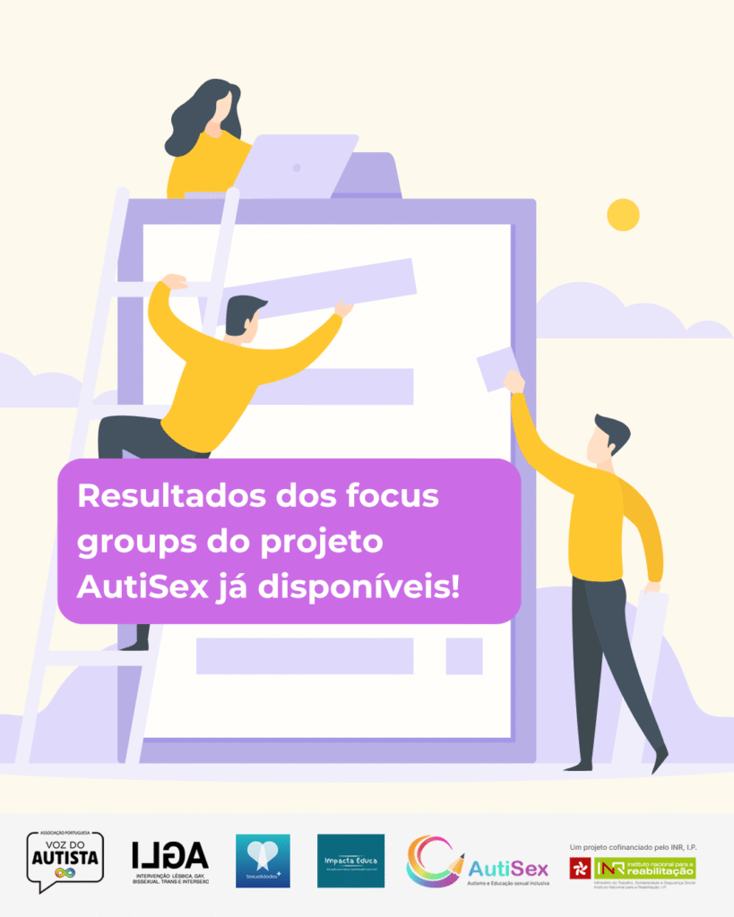 Ilustração com três pessoas a colaborar na construção de um grande documento. Uma pessoa está sentada no topo a trabalhar num computador portátil, outra sobe uma escada e segura uma faixa, e a terceira estende a mão com uma peça de papel. Em destaque, um balão de texto roxo com a frase: “Resultados dos focus groups do projeto AutiSex já disponíveis!”. Na parte inferior, aparecem os logótipos da APVA, ILGA Portugal, Associação Sexualidades, Impacta Educa, AutiSex, e INR, I.P. (entidade cofinanciadora).
