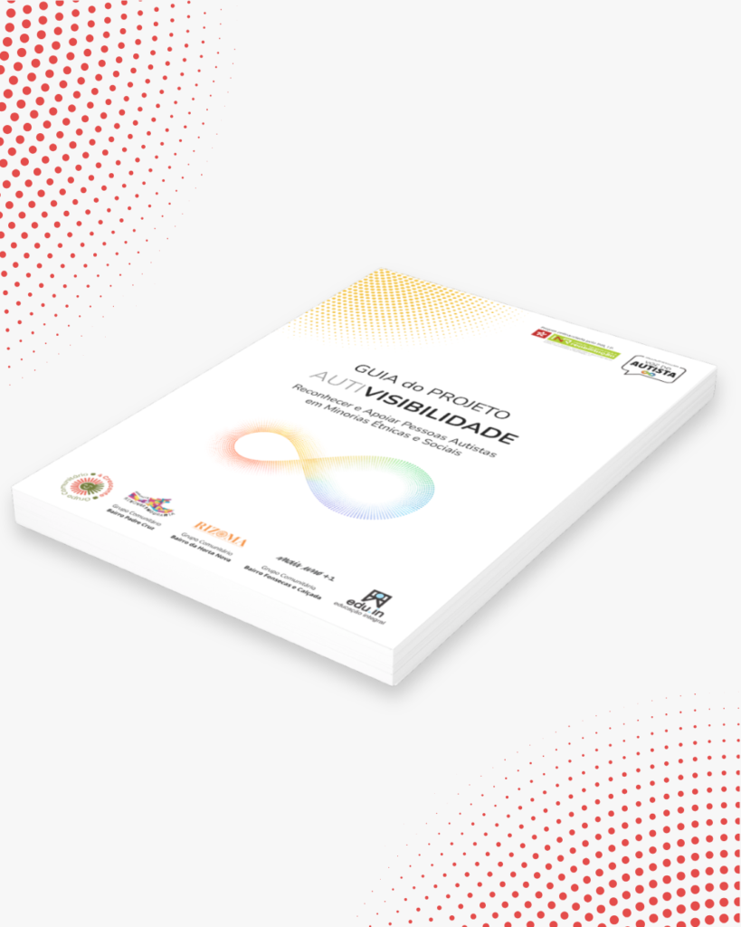 Capa do "Guia Prático Autovisibilidade", apresentando um símbolo do infinito em arco-íris. O fundo é branco com padrão de pontos vermelhos nos cantos.