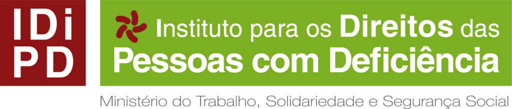 Logótipo vermelho e verde do “Instituto para os Direitos das Pessoas com Deficiência”, com texto em negrito e um símbolo de estrela, transmitindo apoio e inclusão.