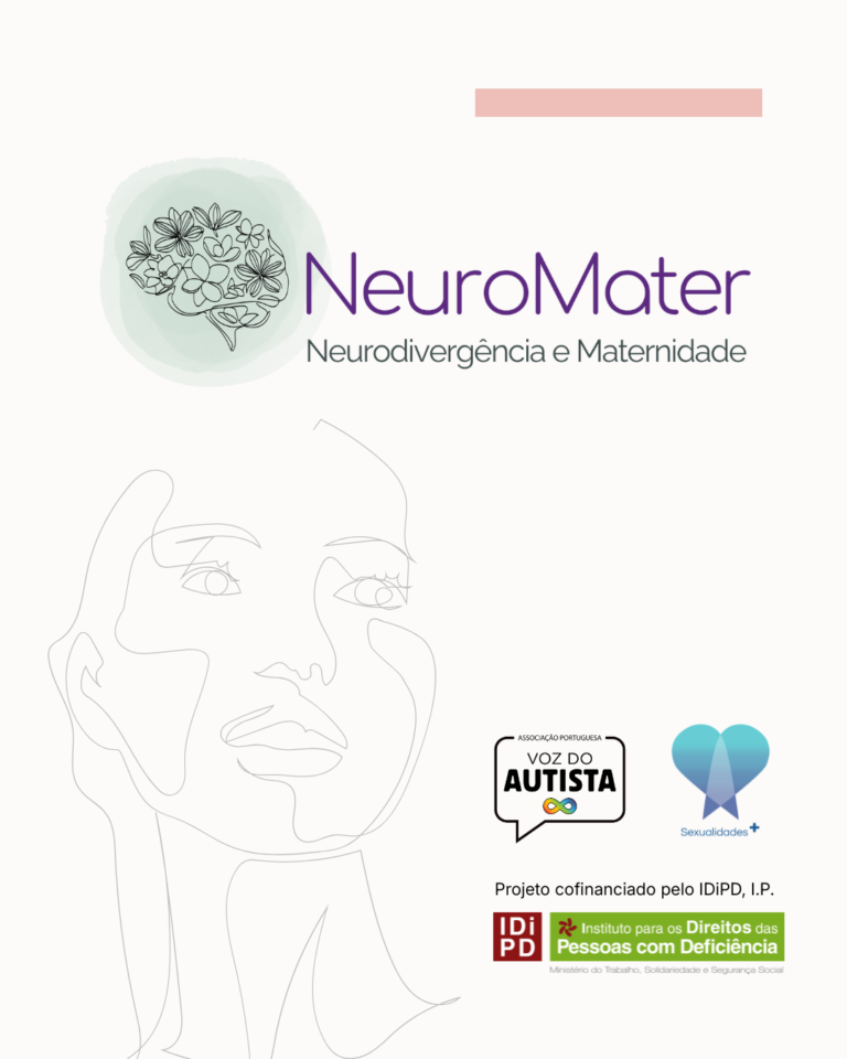 Cartaz do projeto NeuroMater – Neurodivergência e Maternidade sobre fundo branco. Na parte superior, ao centro, aparece o logótipo do projeto, com a imagem de um cérebro formado por flores e folhas em tons suaves à esquerda e o nome “NeuroMater” a roxo, com o subtítulo “Neurodivergência e Maternidade” por baixo. Na metade inferior esquerda, vê-se o desenho minimalista de um rosto feminino em traço fino. No canto inferior direito, surgem os logótipos da APVA e da Sexualidades. Abaixo, lê-se que o projeto é cofinanciado pelo IDiPD, I.P., acompanhado do respetivo logótipo.